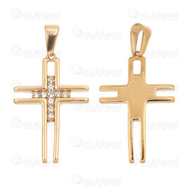 1720-2012-113GL - Spiritual Stainless Steel 304 Pendant Cross 37.5x25x3.5mm with Crystal Cubic Zircon and Bail Gold Plated 1pc 1720-2012-113GL,crystal,montreal, quebec, canada, beads, wholesale