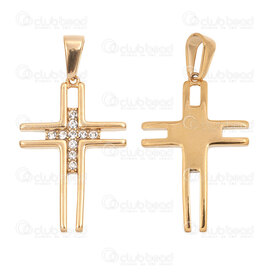 1720-2012-113GL - Spiritual Stainless Steel 304 Pendant Cross 37.5x25x3.5mm with Crystal Cubic Zircon and Bail Gold Plated 1pc 1720-2012-113GL,pendentif or crystal,montreal, quebec, canada, beads, wholesale