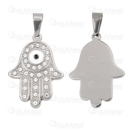 1720-2012-115 - Spiritual Stainless Steel 304 Pendant Fatima Hand 35x25x3.5mm with Evil Eye and Crystal Cubic Zircon and Bail Natural 1pc 1720-2012-115,Crystal,montreal, quebec, canada, beads, wholesale