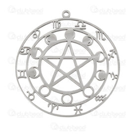 1720-2012-127 - Spiritual Stainless Steel 304 Pendant Pentagram Round 37.5x34.5x0.9mm Zodiac and Lunar Cycle with 1.5mm Loop Natural 5pcs 1720-2012-127,9mm,montreal, quebec, canada, beads, wholesale