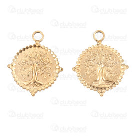 1720-2012-133GL - Spirituel Acier Inoxydable 304 Pendentif Rond Arbre de Vie 22.5x18.5x2mm avec Boucle 2.5mm Plaque Or 20pcs 1720-2012-133GL,pendentif acier rond,montreal, quebec, canada, beads, wholesale