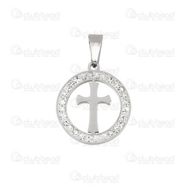 1720-2012-31 - Spiritual Stainless Steel Pendant Cross 20mm Round with rhinestone Natural 1pc 1720-2012-31,Pendants,Stainless Steel,montreal, quebec, canada, beads, wholesale