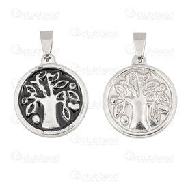 1720-2012-45 - Spiritual Stainless Steel Pendant Tree of Life Round 25x4mm Natural-Black 1pc 1720-2012-45,Pendants,Stainless Steel,montreal, quebec, canada, beads, wholesale