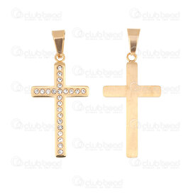 1720-2012-75GL - Spiritual Stainless Steel Pendant Cross 39x21x2mm with Clear Rhinestone and Bail Gold Plated 1pc 1720-2012-75GL,Acier cle,montreal, quebec, canada, beads, wholesale