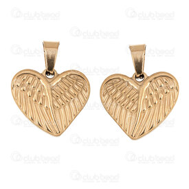 1720-2014-37GL - Cœur Acier Inoxydable 304 Pendentif Cœur 16.5x18x3.5mm Motif Aile d'Ange avec Beliere Plaque Or 5pcs 1720-2014-37GL,=p,montreal, quebec, canada, beads, wholesale