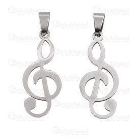 1720-2015-03 - Musique Acier Inoxydable 304 Pendentif Clef de Sol 35.5x14.5x1.5mm avec Beliere Naturel 5pcs 1720-2015-03,montreal, quebec, canada, beads, wholesale