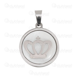 1720-2073 - Stainless steel pendant Crown Round 21mm on white shell Natural 1pc 1720-2073,Pendants,Stainless Steel,montreal, quebec, canada, beads, wholesale