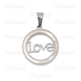 1720-2085 - Stainless Steel Pendant Round Love 22x20mm with White Shell and Bail Natural 1pc 1720-2085,Pendants,montreal, quebec, canada, beads, wholesale