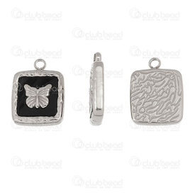1720-2110-551 - Animal Stainless Steel Charm Square Carved Butterfly 16x12x3mm Black Filling with Loop Natural 5pcs 1720-2110-551,Fil carre,montreal, quebec, canada, beads, wholesale