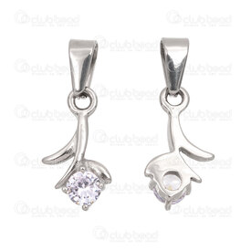 1720-2111-45 - Nature Acier Inoxydable Breloque Fleur sur Tige 19x10.5x4mm avec Zircon Cubique Cristal et Beliere Naturel 2pcs 1720-2111-45,Pendentif fleur,montreal, quebec, canada, beads, wholesale