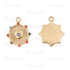 1720-2112-53GL - Spiritual Stainless Steel 304 Charm Round 19X15x1.5mm with Evil Eye Enamail Mix Color Rhinestone and Loop Gold Plated 2pcs 1720-2112-53GL,Breloque en acier inoxydable,montreal, quebec, canada, beads, wholesale