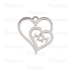 1720-2114-21 - Heart Stainless Steel Breloque Double Heart 16x14.5mm Inscription \"Mom\" with 1mm Loop Natural 10pcs 1720-2114-21,coeur pendentif,montreal, quebec, canada, beads, wholesale