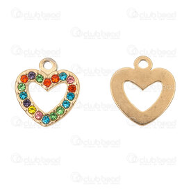 1720-2114-47MIX - Heart Stainless Steel 304 Charm Heart Hollow 15x14x2mm with Mix Color Rhinsestone and Loop Gold Plated 5pcs 1720-2114-47MIX,breloque acier pierre du rhin,montreal, quebec, canada, beads, wholesale