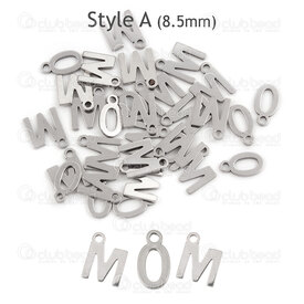 1720-2171-MOM - Stainless Steel Charm Letter 10 x Word "Mom" 8.5x6.5x1mm with 1.2mm loop Natural 30pcs 1720-2171-MOM,Charms,Stainless Steel,montreal, quebec, canada, beads, wholesale