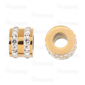 1720-240207-03GL - Stainless Steel Bead Cylinder 9x12.5mm with Rhinestone Crystal 2 rows 5.5mm hole Gold Plated 1pc 1720-240207-03GL,Findings,Spacers,Rhinestones,montreal, quebec, canada, beads, wholesale