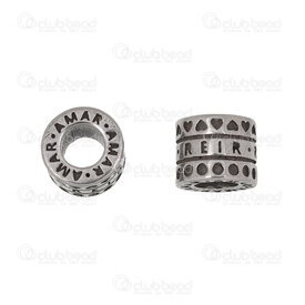 1720-240307-35AN - Stainless Steel Bead Tube 9.5x8mm Inscription "Reir Amar" 5mm hole Antique 4pcs 1720-240307-35AN,Beads,Stainless Steel,montreal, quebec, canada, beads, wholesale