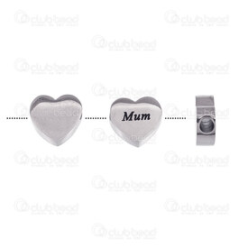 1720-2414-21 - Heart Stainless Steel Bead Heart 8x7.5x3mm Inscription "Mum" 1.5mm hole Natural 4pcs 1720-2414-21,Beads,Stainless Steel,montreal, quebec, canada, beads, wholesale