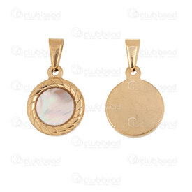 1720-4049-GL - Acier Inoxydable 304 Pendentif Rond 19x15x3mm avec Remplissage Coquillage et Contour Fantaisie et Beliere Plaque Or 4pcs 1720-4049-GL,pendentif acier rond,montreal, quebec, canada, beads, wholesale