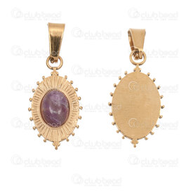 1720-4051-7-1GL - Acier Inoxydable 304 Pendentif Oval 22x12.5x4.5mm avec Pierre Amethyste Motif Point et Beliere Plaque Or 3pcs 1720-4051-7-1GL,dox,montreal, quebec, canada, beads, wholesale