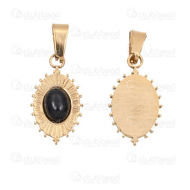 1720-4051-7-3GL - Acier Inoxydable 304 Pendentif Oval 22x12.5x4.5mm avec Pierre Obsidienne Noir Motif Point et Beliere Plaque Or 3pcs 1720-4051-7-3GL,dox,montreal, quebec, canada, beads, wholesale