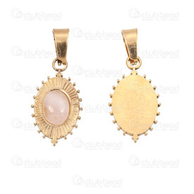 1720-4051-7-5GL - Acier Inoxydable 304 Pendentif Oval 22x12.5x4.5mm avec Pierre Quartz Rose Motif Point et Beliere Plaque Or 3pcs 1720-4051-7-5GL,dox,montreal, quebec, canada, beads, wholesale