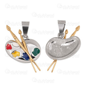 1720-4053-NGL - Acier Inoxydable 304 Pendentif Pinceau et Palette de Couleur 34x22x5mm avec Remplissage Couleur et Beliere Naturel-Plaque Or 1pc 1720-4053-NGL,Tools,montreal, quebec, canada, beads, wholesale