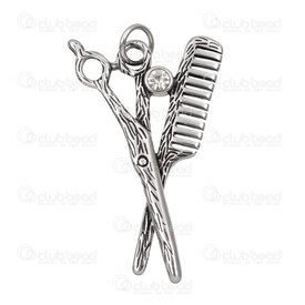1720-4057 - Acier Inoxydable 304 Pendentif Outil de Coiffeur (Peigne-Ciseau) 58.5x36.5x4mm avec Pierre du Rhin Cristal et Anneau Naturel 1pc 1720-4057,Tools,montreal, quebec, canada, beads, wholesale