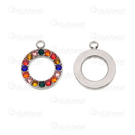 1720-4731 - Acier Inoxydable Breloque Cercle Rond 16x13x2.5mm avec Pierre du Rhin Couleur  Mix et Boucle Naturel 5pcs 1720-4731,Circ,montreal, quebec, canada, beads, wholesale