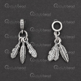 1754-1021-09 - Sterling Silver Charm Feathers 14.5x4.5x1mm with Bead Tube 5.5x2mm 4mm hole Oxydised 1pc 1754-1021-09,plumes,montreal, quebec, canada, beads, wholesale