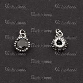 1754-1021-17 - Sterling Silver Charm Round 8x3.5 with Zircon Stone Black and 4mm soldered ring Oxydised 1pc 1754-1021-17,Sterling silver,Charms and Pendants,montreal, quebec, canada, beads, wholesale