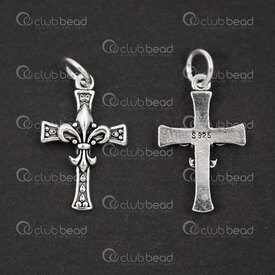 1754-1021-19 - Sterling Silver Charm Cross 21x13x2mm with Fleur de Lys Design and 6mm soldered ring Oxydised 1pc 1754-1021-19,Sterling silver,Charms and Pendants,montreal, quebec, canada, beads, wholesale