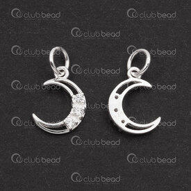 1754-1021-45 - Sterling Silver Charm Moon 11x8x2 with Crystal Zirconium Stone and Soldered Ring 2pcs 1754-1021-45,moon stone,montreal, quebec, canada, beads, wholesale