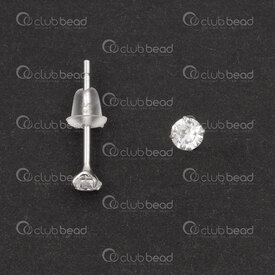 1754-1027-1331 - Sterling Silver Earring Stud 13x0.7mm with 3mm Crystal Cubic Zirconium and Silicone Clutch 8pcs (4pairs) 1754-1027-1331,cubique zirconium,montreal, quebec, canada, beads, wholesale