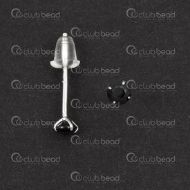 1754-1027-1333 - Sterling Silver Earring Stud 13x0.7mm with 3mm Black Cubic Zirconium and Silicone Clutch 8pcs (4pairs) 1754-1027-1333,cubique zirconium,montreal, quebec, canada, beads, wholesale