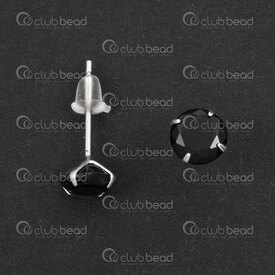1754-1027-1363 - Sterling Silver Earring Stud 14x0.7mm with 6mm Black Cubic Zirconium and Silicone Clutch 4pcs (2pairs) 1754-1027-1363,zircon cubique,montreal, quebec, canada, beads, wholesale