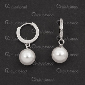 1754-1027-17 - Sterling Silver Earring Leverback Round 12x1.5mm with Crystal Cubic Zirconium and 8mm Round Stellaris White Pearl 2pcs (1pair) 1754-1027-17,cristal stellaris,montreal, quebec, canada, beads, wholesale