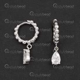 1754-1027-21 - Sterling Silver Earring Leverback Round 12x2mm with Ball Design and Crystal Zircon Stone Drop 2pcs (1pair) 1754-1027-21,crystal drop,montreal, quebec, canada, beads, wholesale