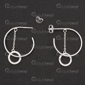1754-1027-23 - Sterling Silver Earring C shape 18x0.8mm with Crystal Zircon Stone Circle and Clutch 2pcs (1pair) 1754-1027-23,oreilles sterling,montreal, quebec, canada, beads, wholesale