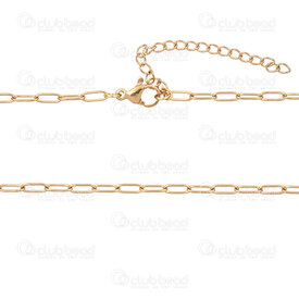 2604-9519-2.5XGL - Stainless Steel 304 Paperclip Chain 2.5x6x0.6mm Soldered Necklace 19in (48cm) with Chain Extender 55mm Gold Plated 5pcs 2604-9519-2.5XGL,Chaines acier inox,montreal, quebec, canada, beads, wholesale
