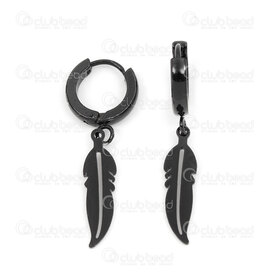 4007-0102-221BLK - Stainles Steel Earring Leverback 13x3mm Round with Feather Black 1 pair 4007-0102-221BLK,plumes,montreal, quebec, canada, beads, wholesale