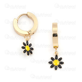 4007-0102-2421GL - Stainless Steel 304 Earring Leverback Round 13.5x2.5mm with Flower Charm Black Filling Gold Plated 4pcs (2pairs) 4007-0102-2421GL,OR REMPLI,montreal, quebec, canada, beads, wholesale
