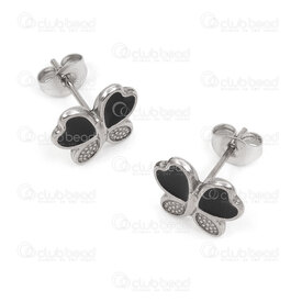 4007-0102-271 - Stainless Steel Earring Stud butterfly 2x10mm Natural and Black Wing, 2pair 4007-0102-271,Aile,montreal, quebec, canada, beads, wholesale