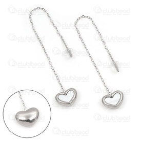 4007-0102-277 - Stainless Steel Earring Stud Heart Mother Of Pearl With Chain , Natural 1 pair china 4007-0102-277,nacre,montreal, quebec, canada, beads, wholesale