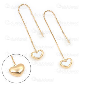 4007-0102-277GL - Stainless Steel Earring Stud Heart Mother Of Pearl With Chain , Gold 1 pair china 4007-0102-277GL,nacre,montreal, quebec, canada, beads, wholesale
