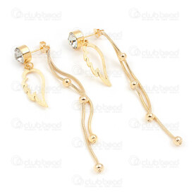 4007-0102-317GL - Stainless Steel 304 Earring Stud Stardust Hollow Angel's Wing 25x9mm and Cubic Zircon Crystal 8mm Clutch with Snake Chain Tassel 1.2mm and Bead 4mm Full Length 72mm Gold Plated 1 pair 4007-0102-317GL,Pampille,montreal, quebec, canada, beads, wholesale