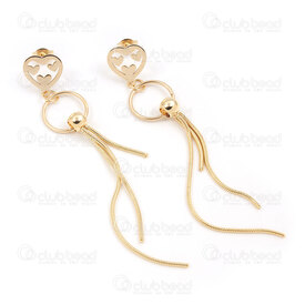 4007-0102-321GL - Stainless Steel 304 Earring Stud Heart with Heart Face 13x12mm with 14mm Ring and Snake Chain Tassel 1.2mm and Bead 5x6mm Full Length 92mm Gold Plated 1 pair 4007-0102-321GL,Chaine acier,montreal, quebec, canada, beads, wholesale