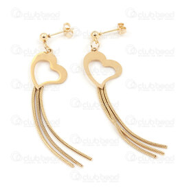4007-0102-323GL - Stainless Steel 304 Earring Ball Stud 4mm Hollow Heart 20x16mm with Snake Chain Tassel 1.2mm Full Length 70mm Gold Plated 1 pair 4007-0102-323GL,Chaines serpent,montreal, quebec, canada, beads, wholesale