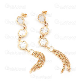 4007-0102-325GL - Stainless Steel 304 Earring Stud Flower with Shell Filling 12x9.5mm (x3) and Curb Chain Tassel 2.2mm Full Length 82mm Gold Plated 1pair 4007-0102-325GL,Finished jewelry,montreal, quebec, canada, beads, wholesale
