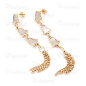 4007-0102-327GL - Stainless Steel 304 Earring Stud Bell with Shell Filling 12x9mm (x3) and Curb Chain Tassel 2.2mm Full Length 84mm Gold Plated 1pair 4007-0102-327GL,Stainless steel,montreal, quebec, canada, beads, wholesale