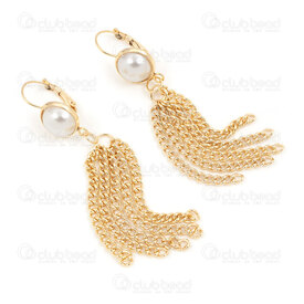 4007-0102-331GL - Stainless Steel 304 Earring Leverback Half Acrylic Pearl White Round 11.5mm with Curb Chain Tassel 3mm Full Length 70mm Gold Plated 1pair 4007-0102-331GL,inox perles,montreal, quebec, canada, beads, wholesale
